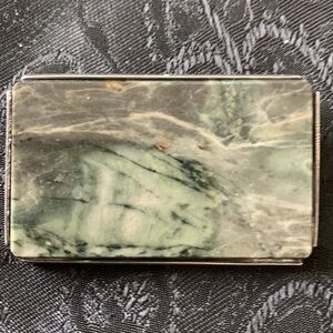 Rectangular Green Marbled Stone Pin Encased in Silver